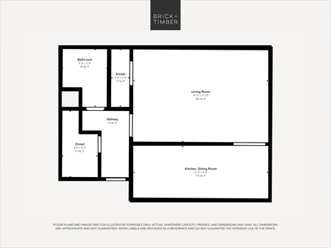 A black and white image of a floor plan for a Brick+Timber property.